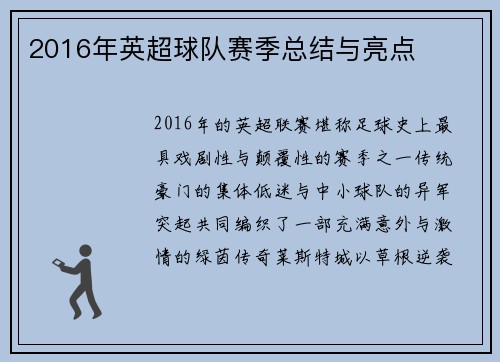 2016年英超球队赛季总结与亮点